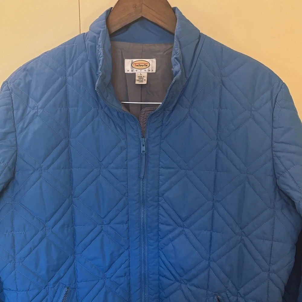 Talbots Petites Blue Quilted Full Zip Jacket Diamond Stitch Stand Collar Large